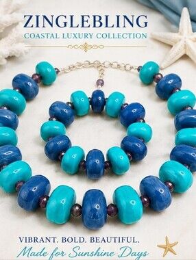 HSN NOS Turquoise Blue Chunky Acrylic Necklace Bracelet Set Coastal Statement